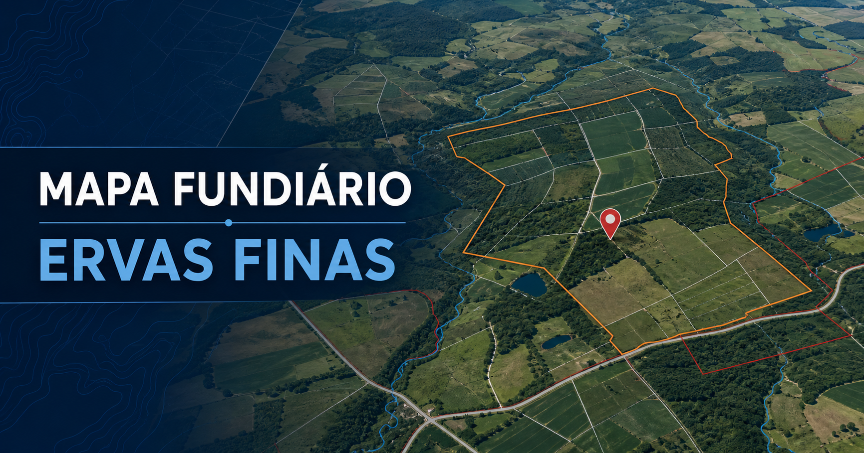 Vista aérea da região da Ervas Finas com perímetros fundiários e cursos d’água destacados